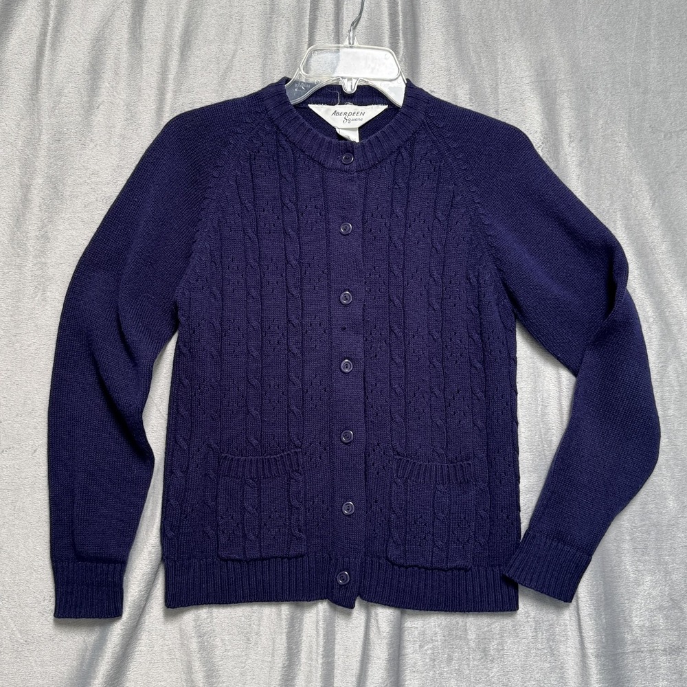 Vintage Aberdeen Square Sweater Womens Small Purple Cable Knit Cardigan 90s